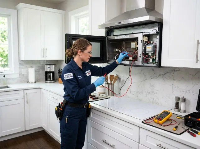 Appliance Repair Hero technician testing an over-the-range microwave in a Alexander, NC kitchen